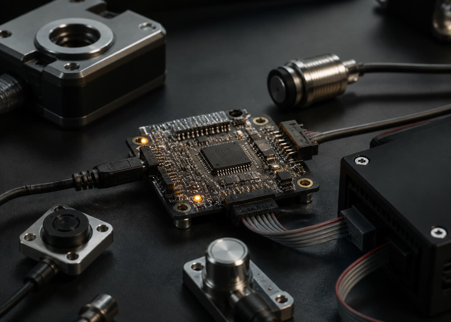 Microcontroller board connected to precision sensors on an engineering workbench