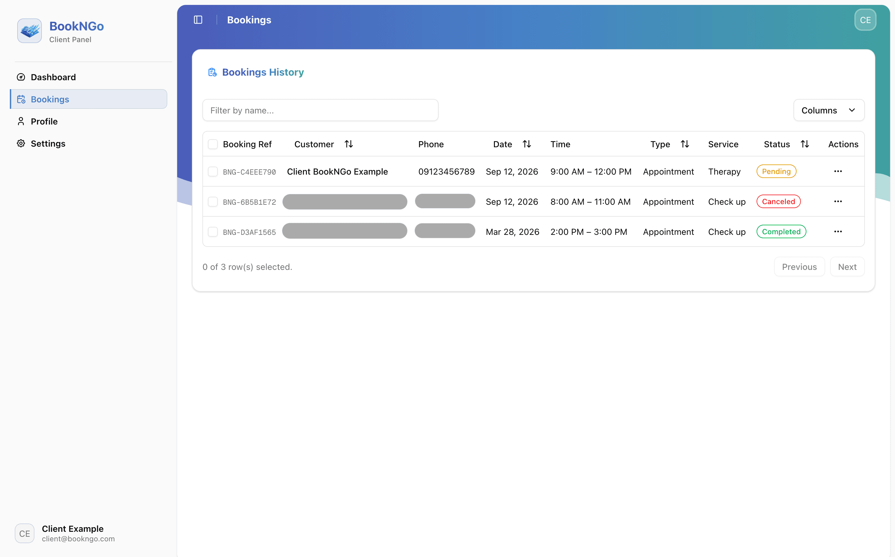 BookNGo client dashboard, view 2