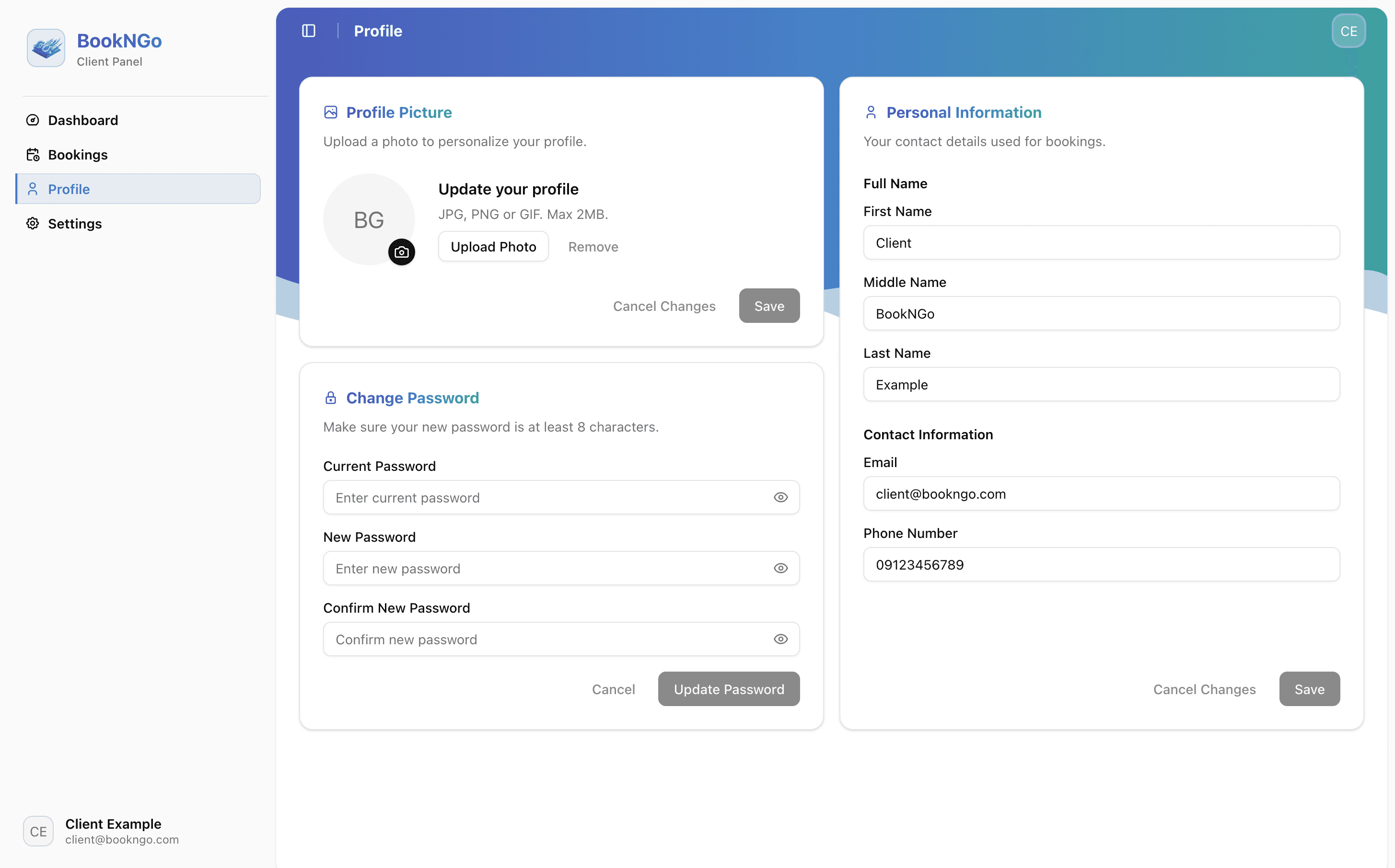 BookNGo client dashboard, view 3