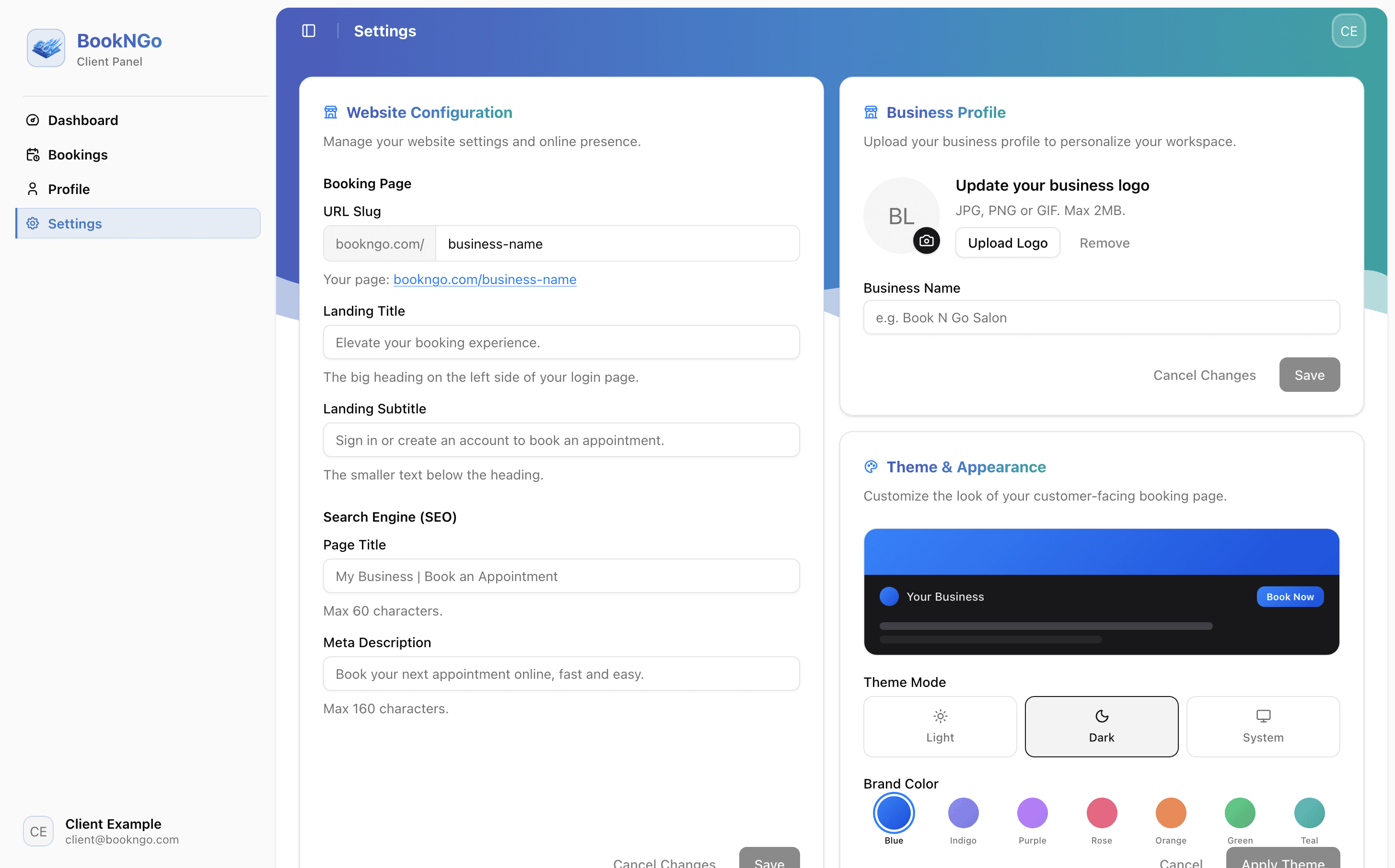 BookNGo client dashboard, view 4