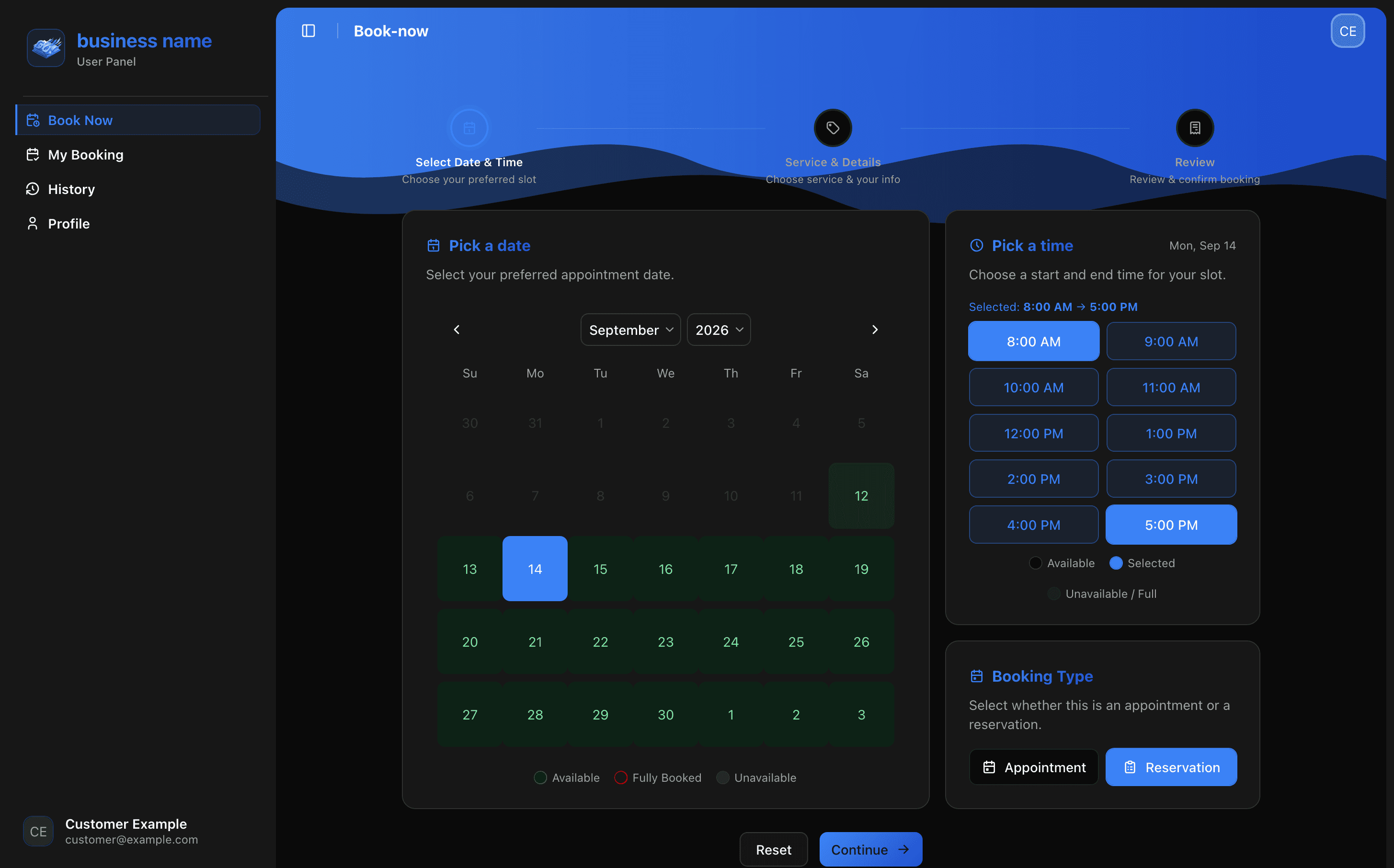 BookNGo customer dashboard, view 2