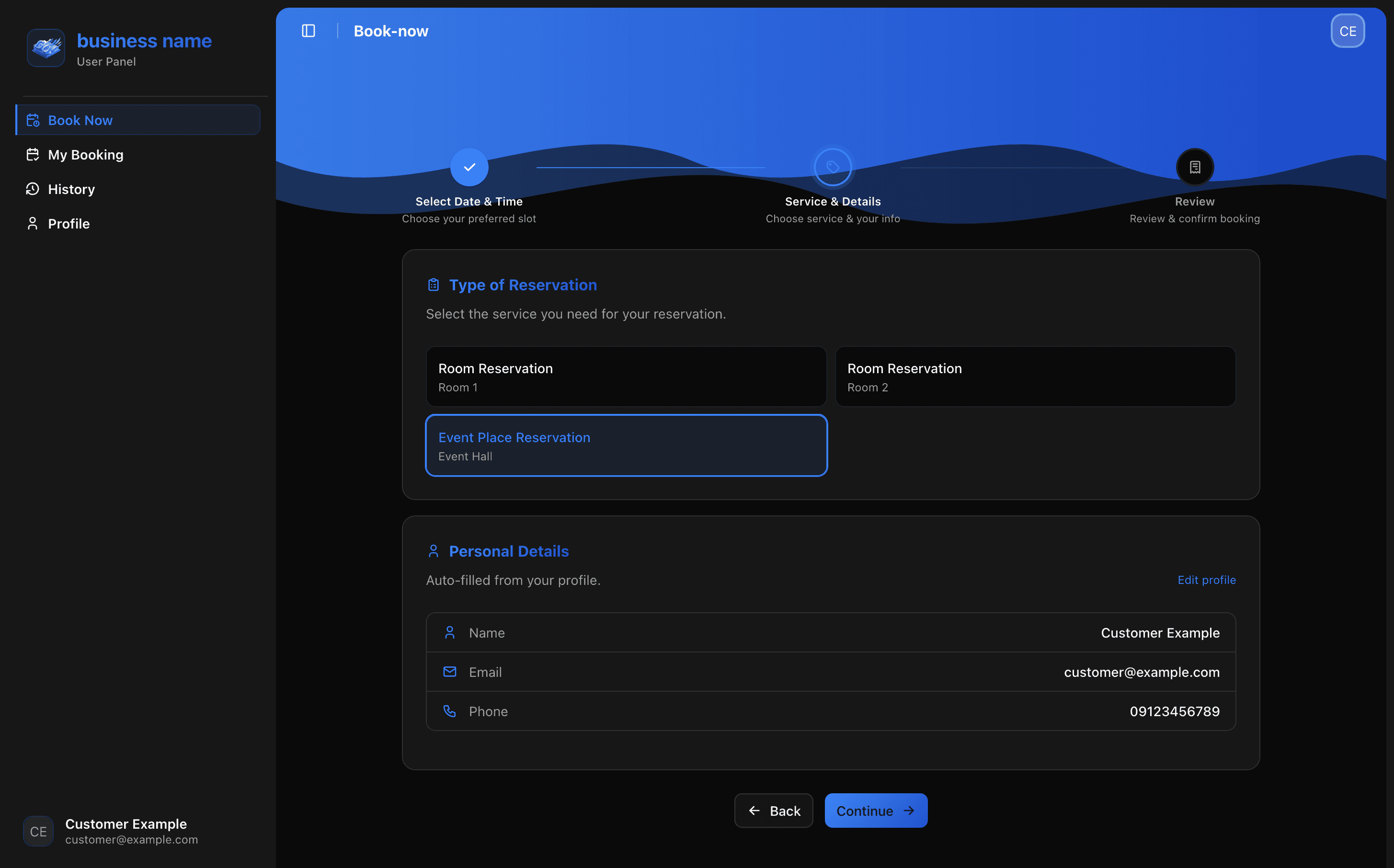 BookNGo customer dashboard, view 3
