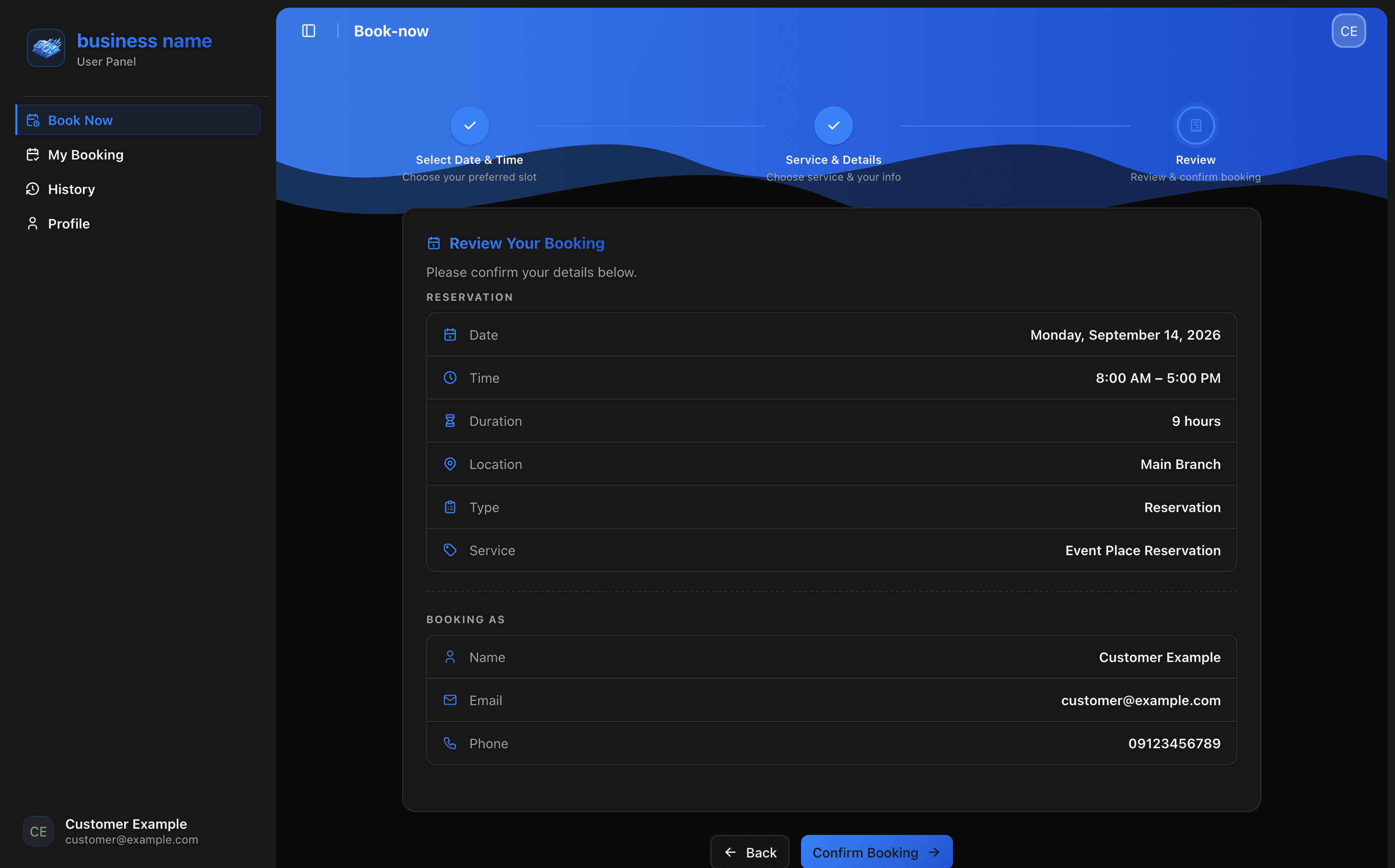 BookNGo customer dashboard, view 4
