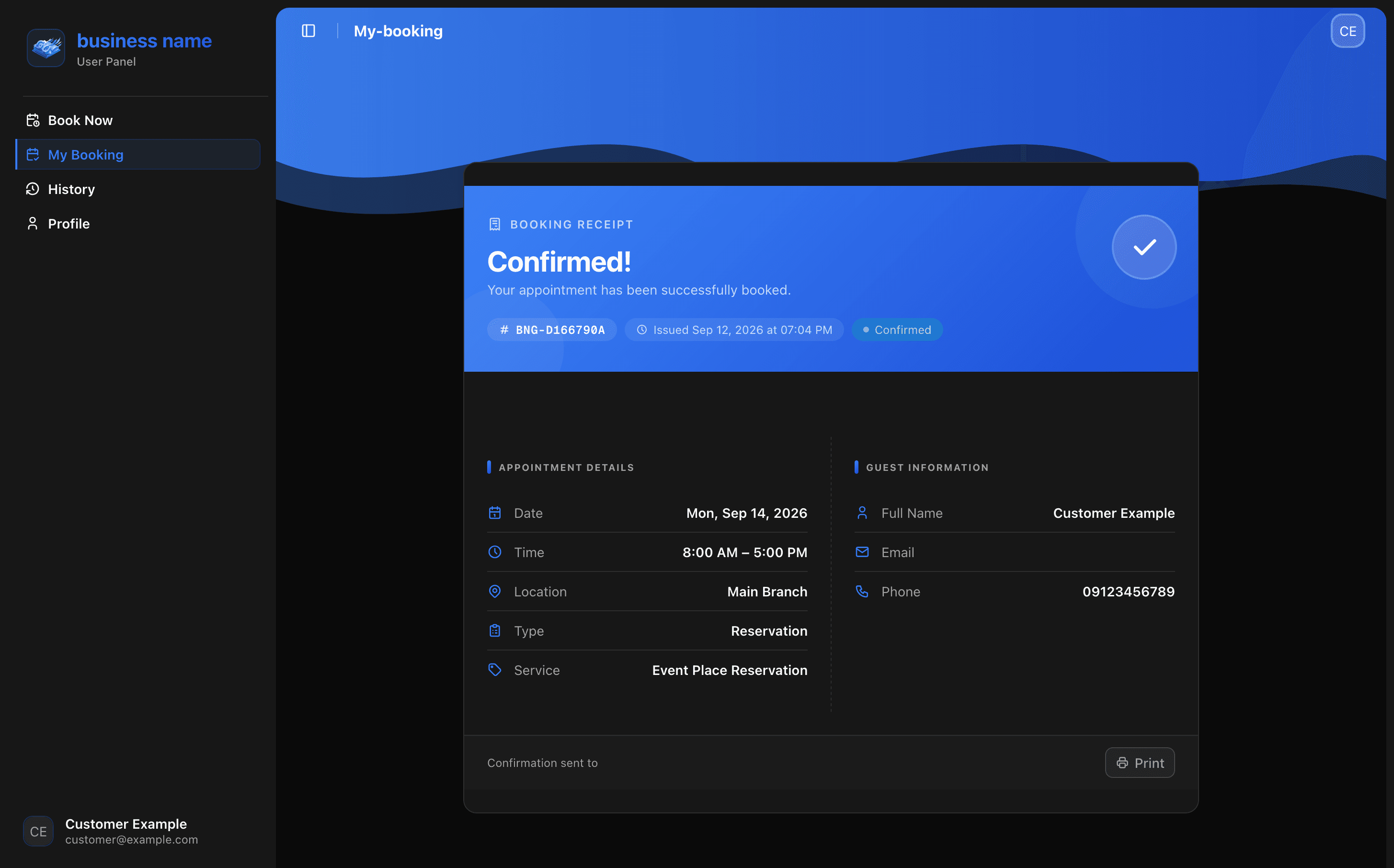 BookNGo customer dashboard, view 5