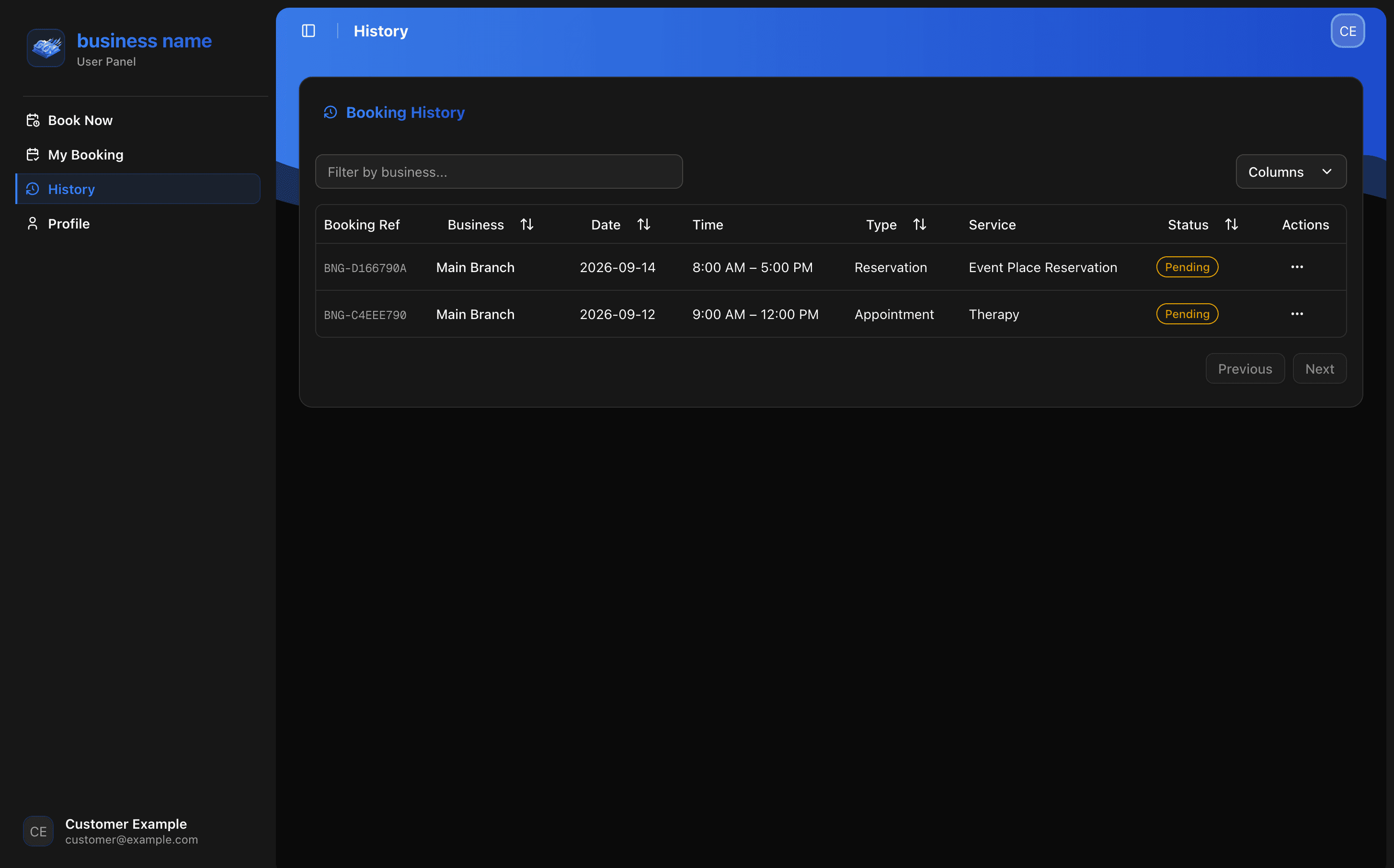 BookNGo customer dashboard, view 7