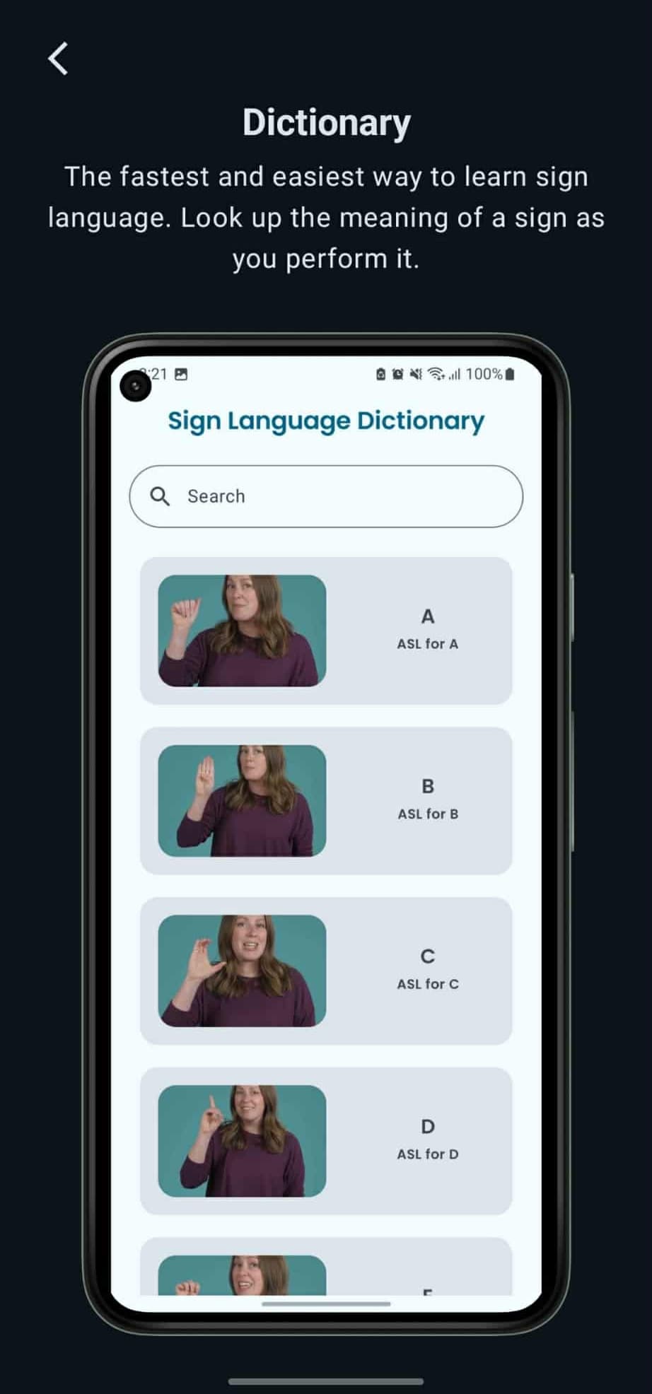 Sign Language Translator dictionary showing searchable ASL letter demonstrations