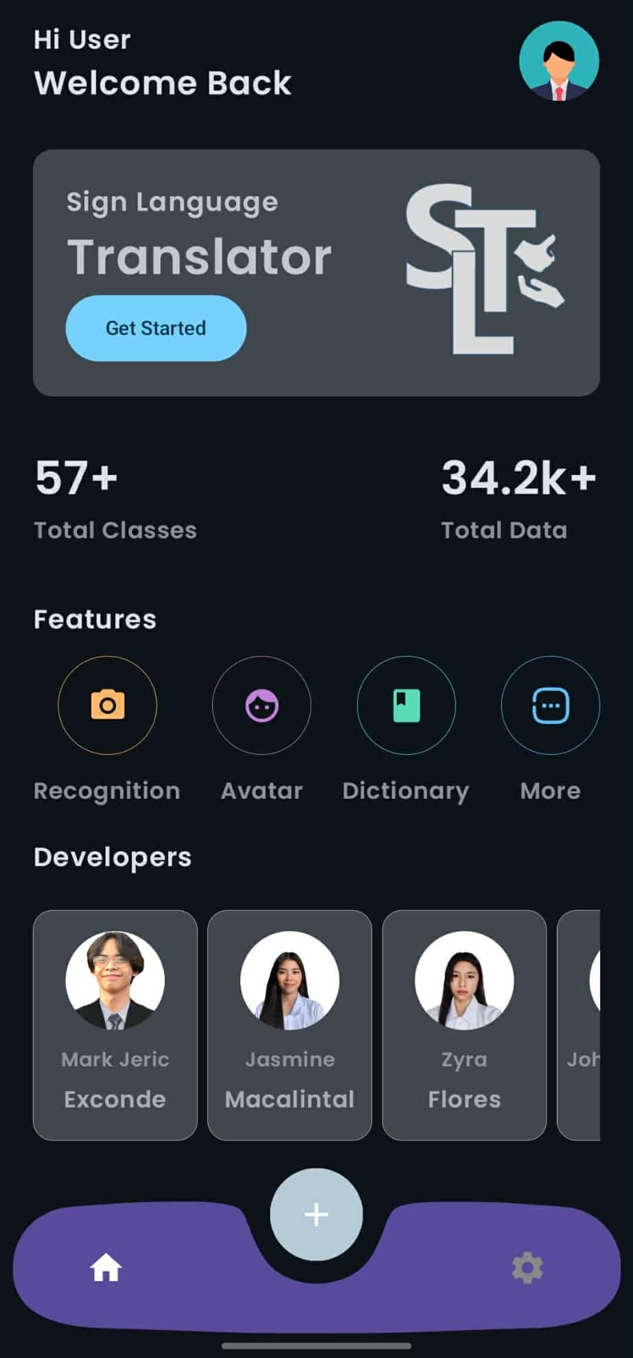 Sign Language Translator home screen with translation features and project contributors
