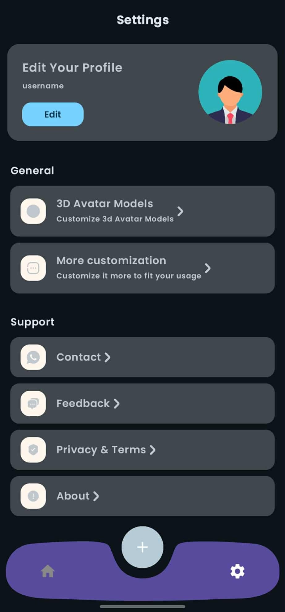 Sign Language Translator settings screen with profile, avatar, support, and privacy options