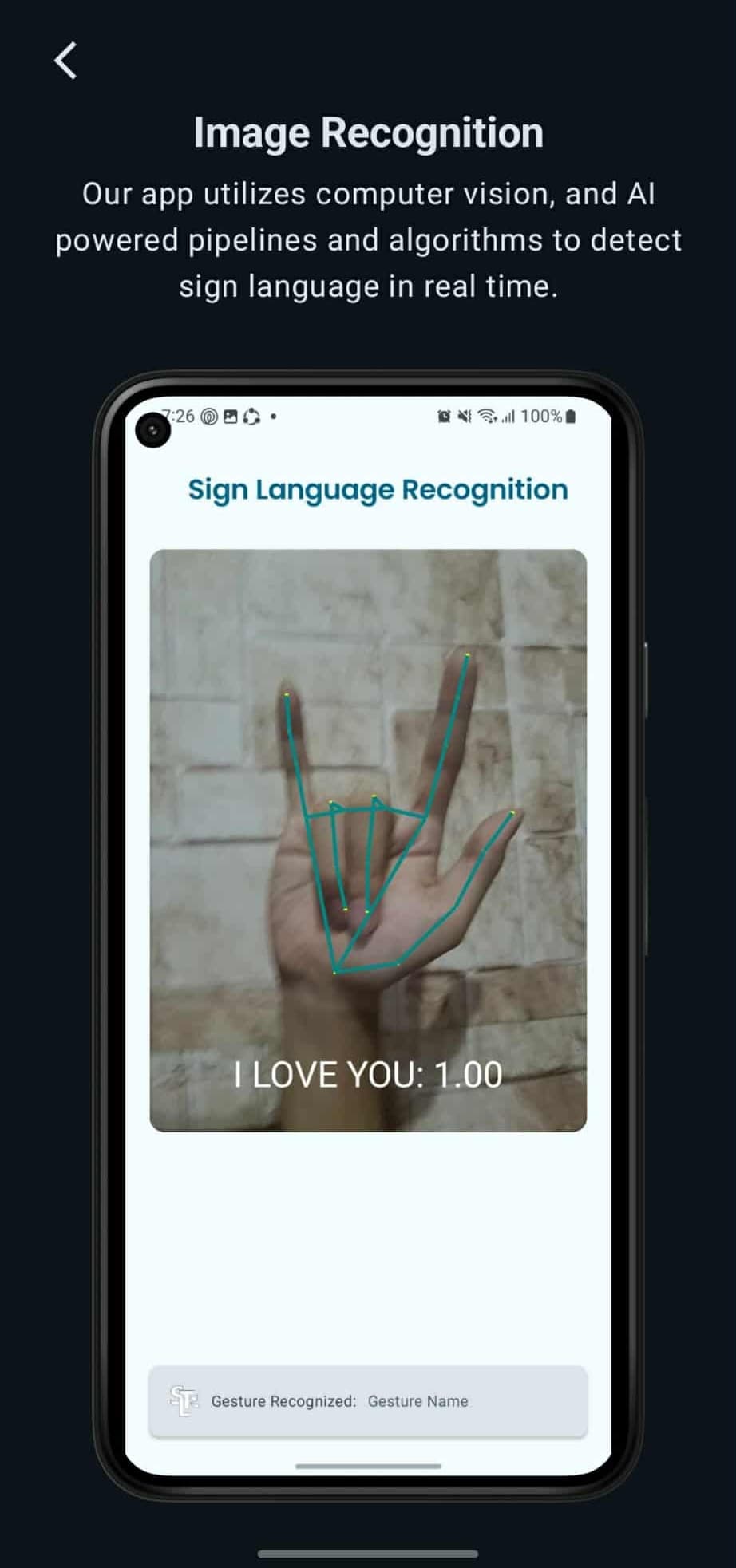 Sign Language Translator recognition screen identifying an I love you hand gesture