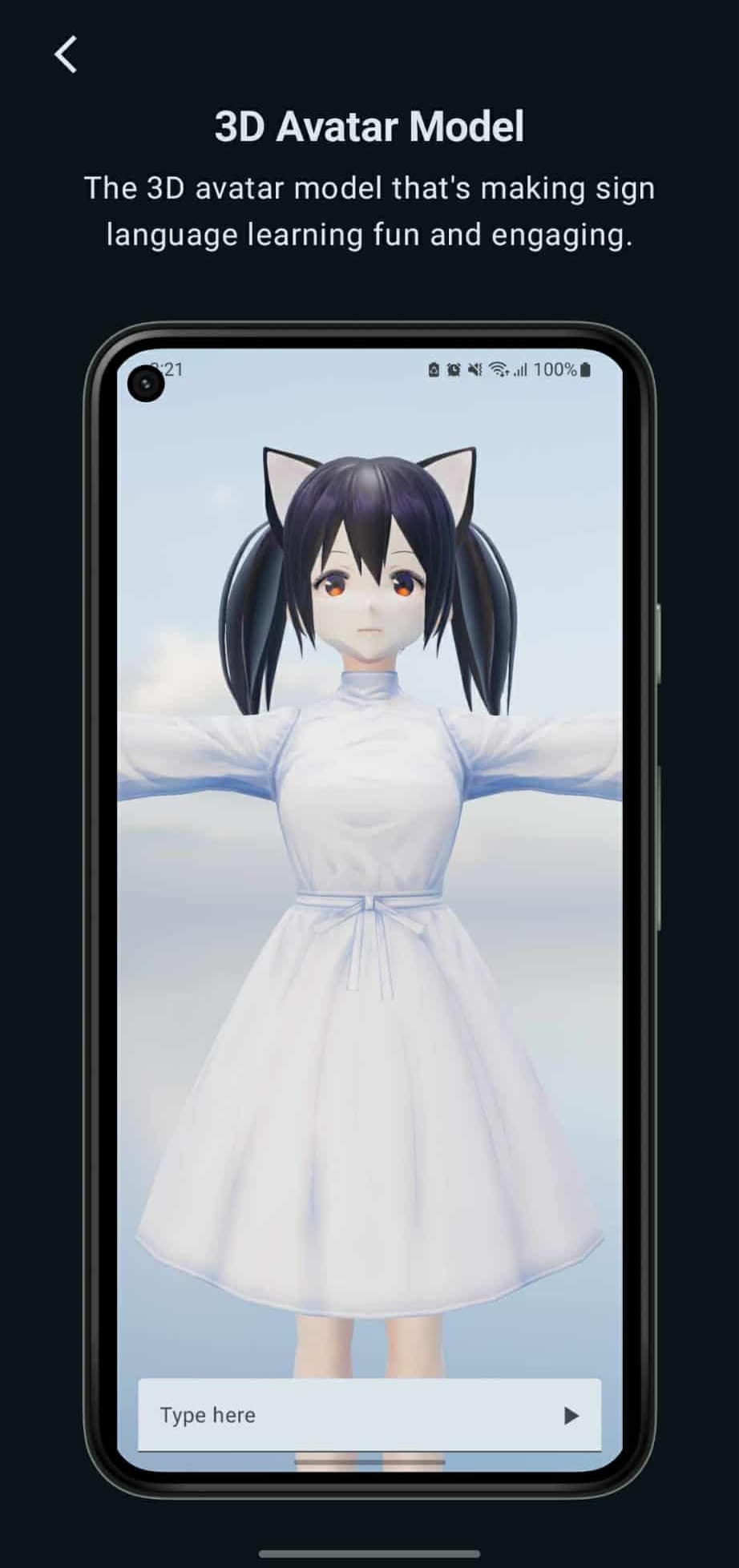 Sign Language Translator text-to-sign screen with a three-dimensional signing avatar