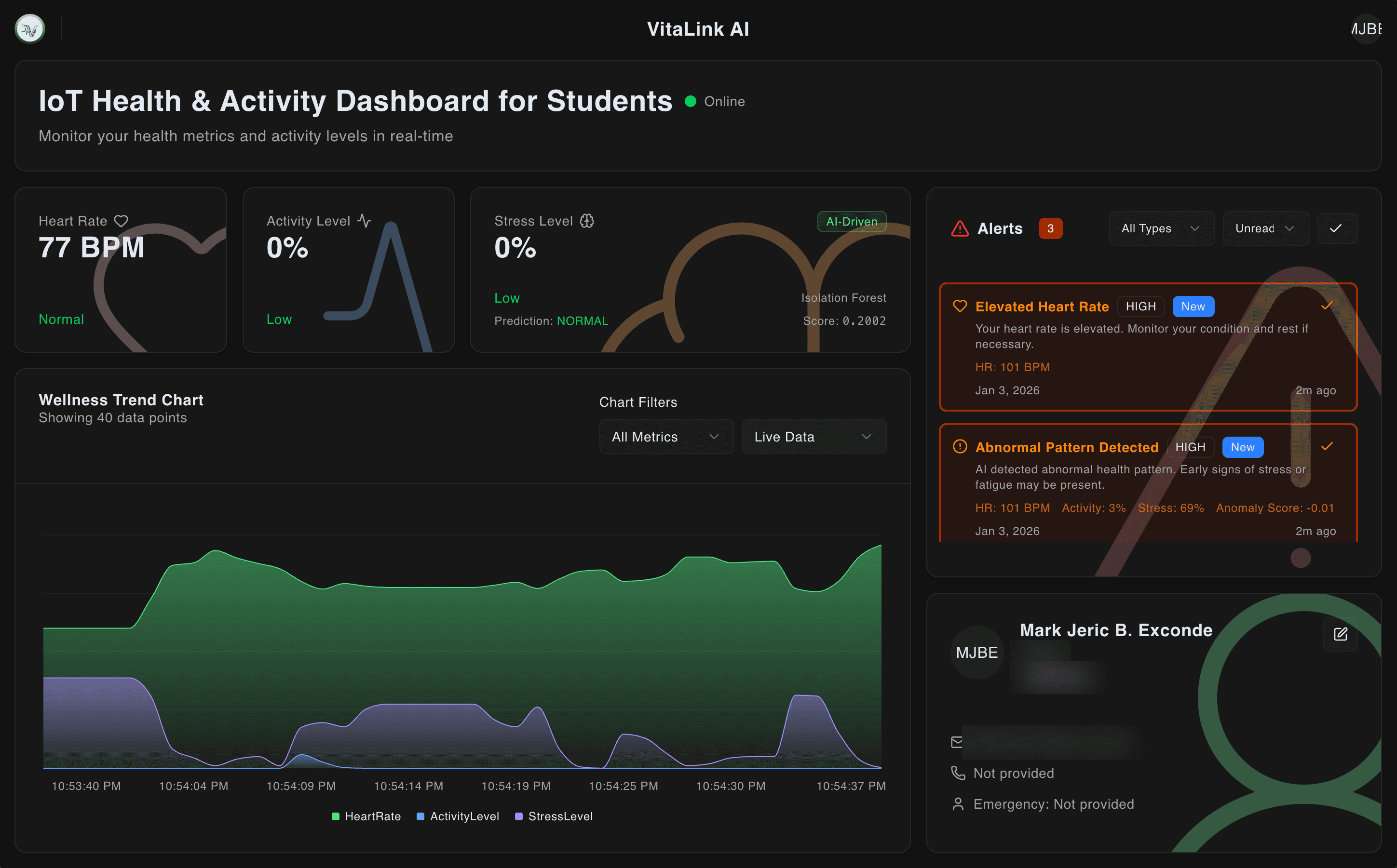 VitaLink AI student dashboard showing health readings and monitoring controls