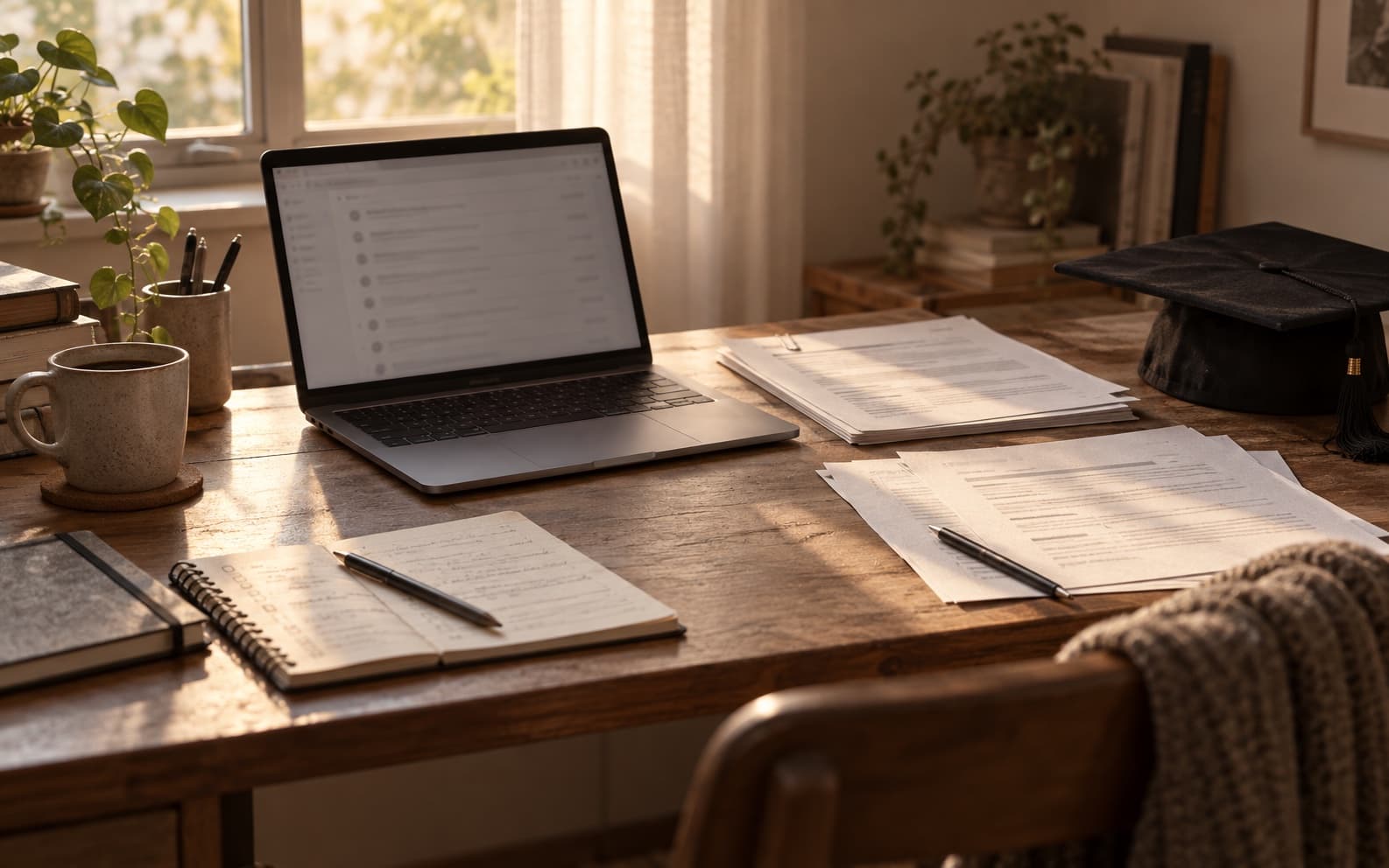 Illustrative editorial still life of a laptop, résumé papers, application notes, and a graduation cap representing the transition from graduation to a first developer job