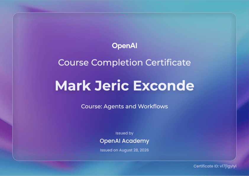 Agents and Workflows certificate awarded to Mark Jeric Exconde