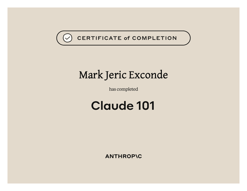 Claude 101 certificate awarded to Mark Jeric Exconde