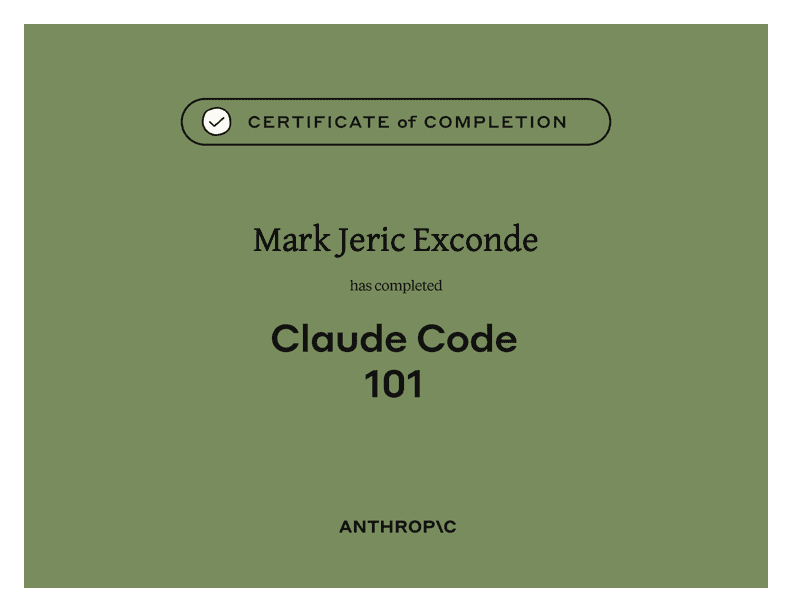 Claude Code 101 certificate awarded to Mark Jeric Exconde