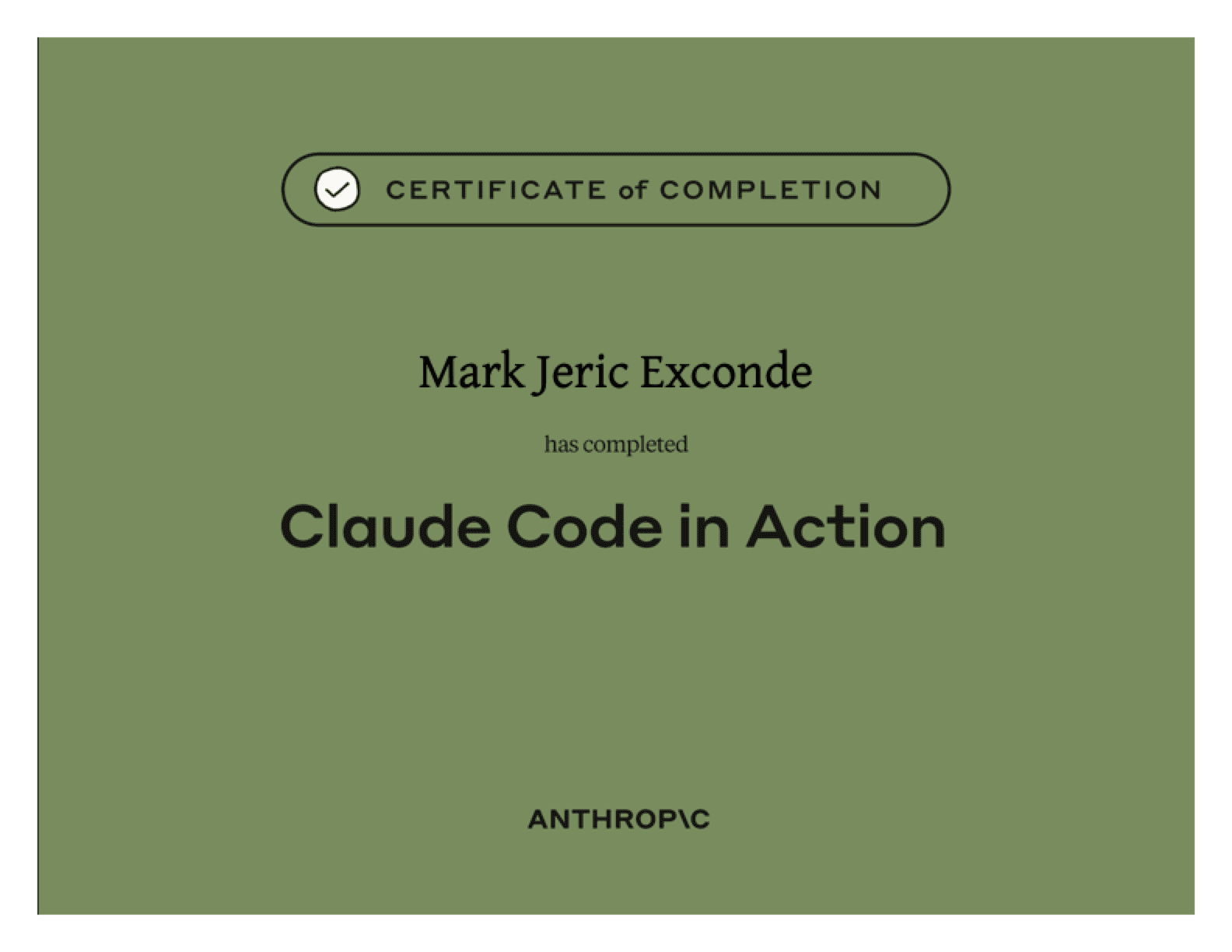 Claude Code in Action certificate awarded to Mark Jeric Exconde