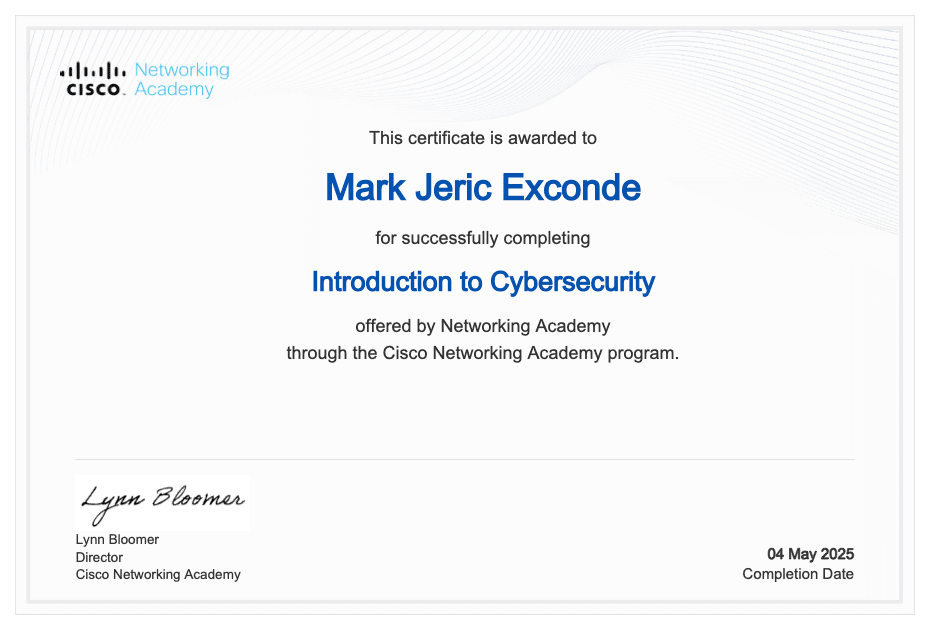 Introduction to Cybersecurity certificate awarded to Mark Jeric Exconde