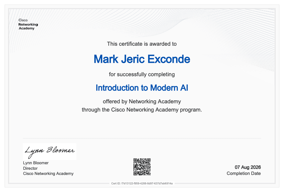 Introduction to Modern AI certificate awarded to Mark Jeric Exconde