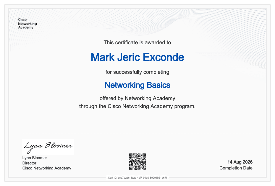 Networking Basics certificate awarded to Mark Jeric Exconde