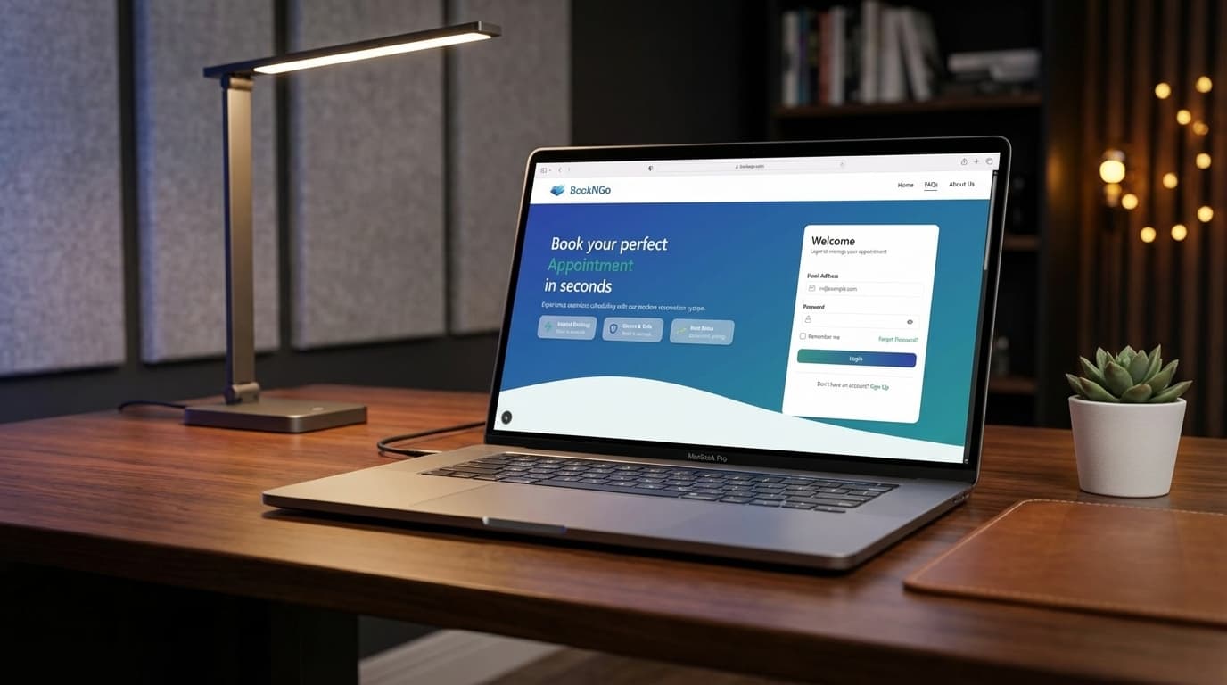 BookNGo appointment-booking interface displayed on a laptop