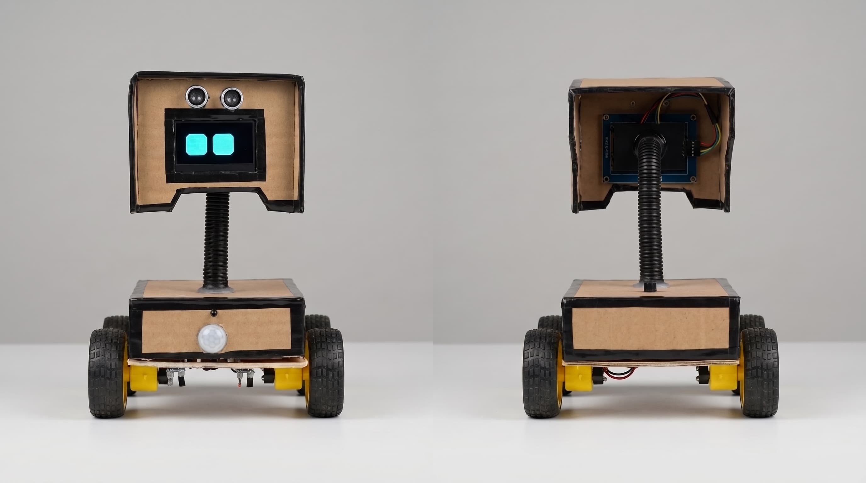 Front and back of Coco Robot, showing its face display, front sensors, rear wiring, and wheeled chassis