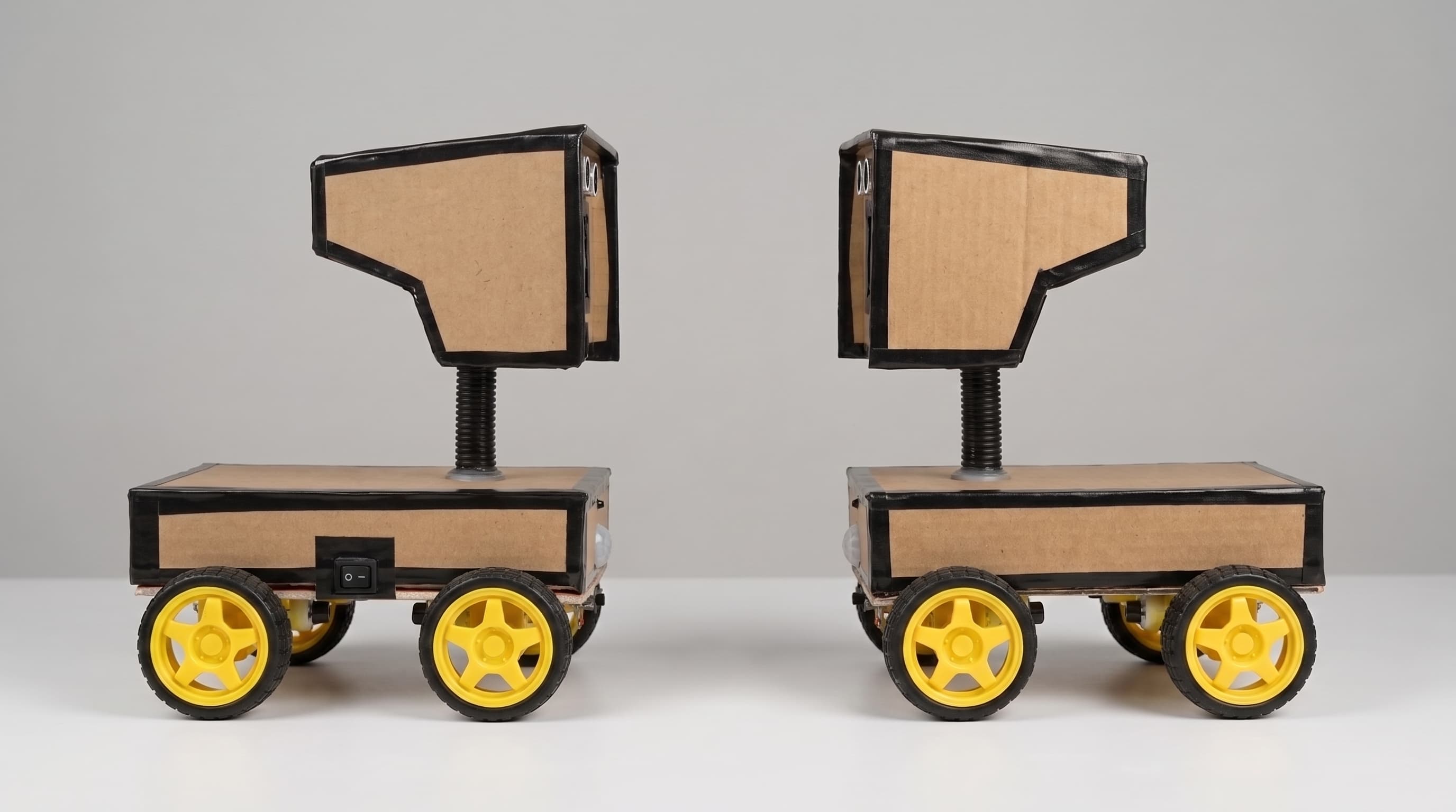 Left and right sides of Coco Robot, showing its cardboard enclosure, power switch, and yellow wheels