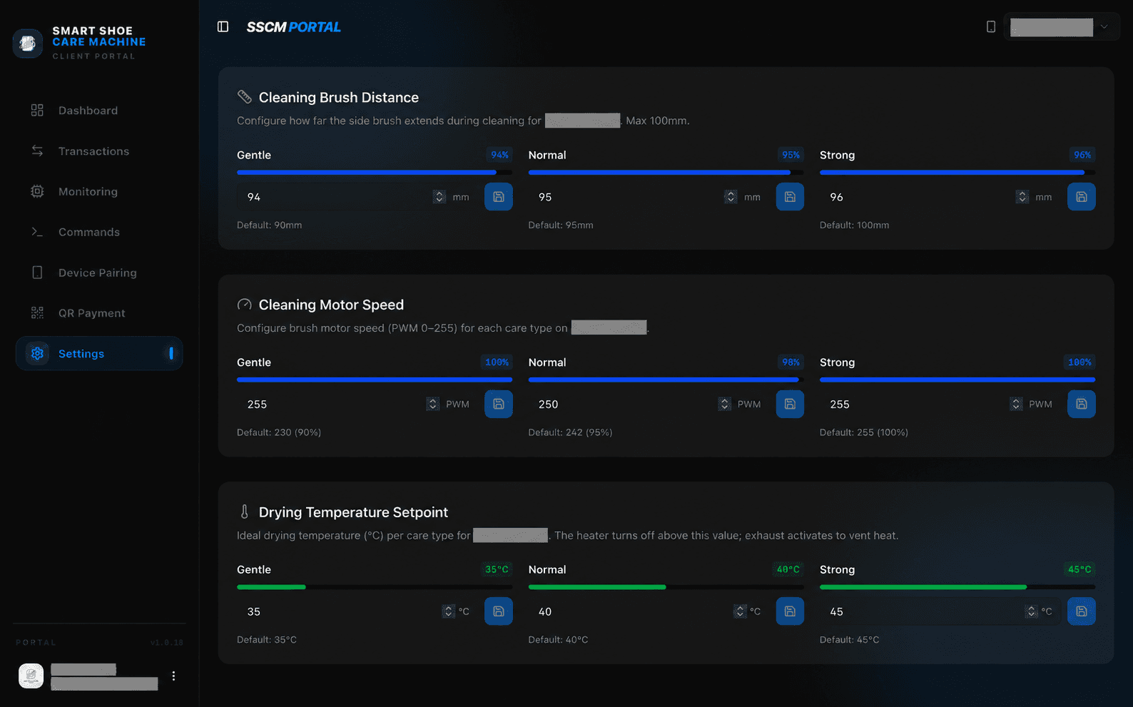 Smart Shoe Care machine parameters, with sensitive details redacted