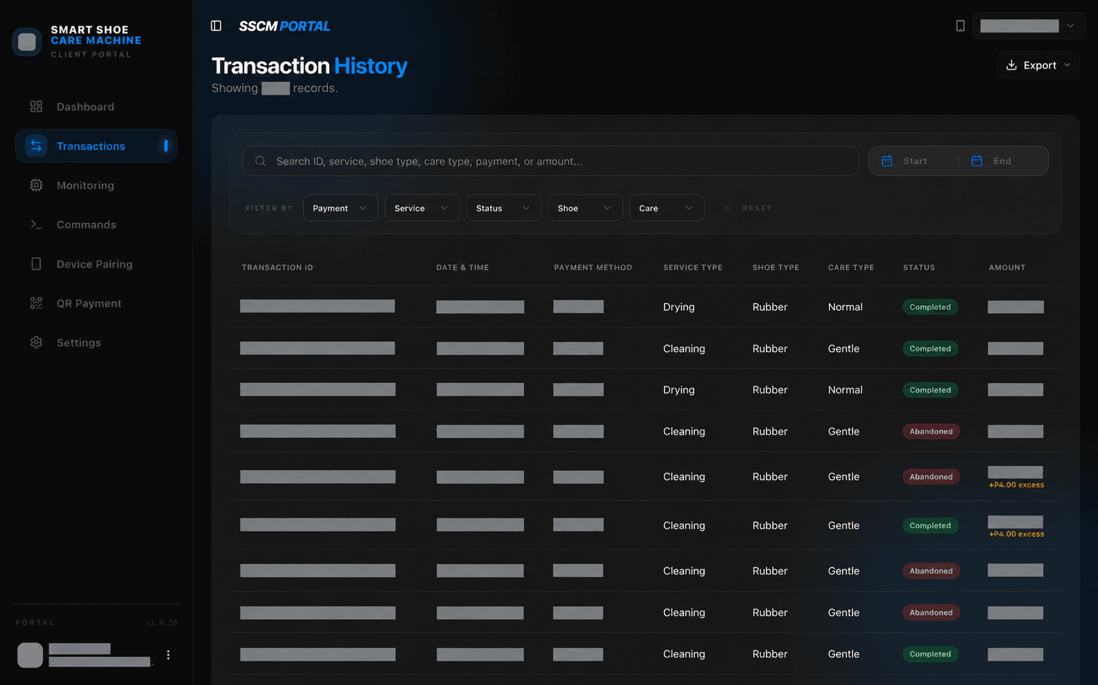 Smart Shoe Care transaction history, with sensitive details redacted
