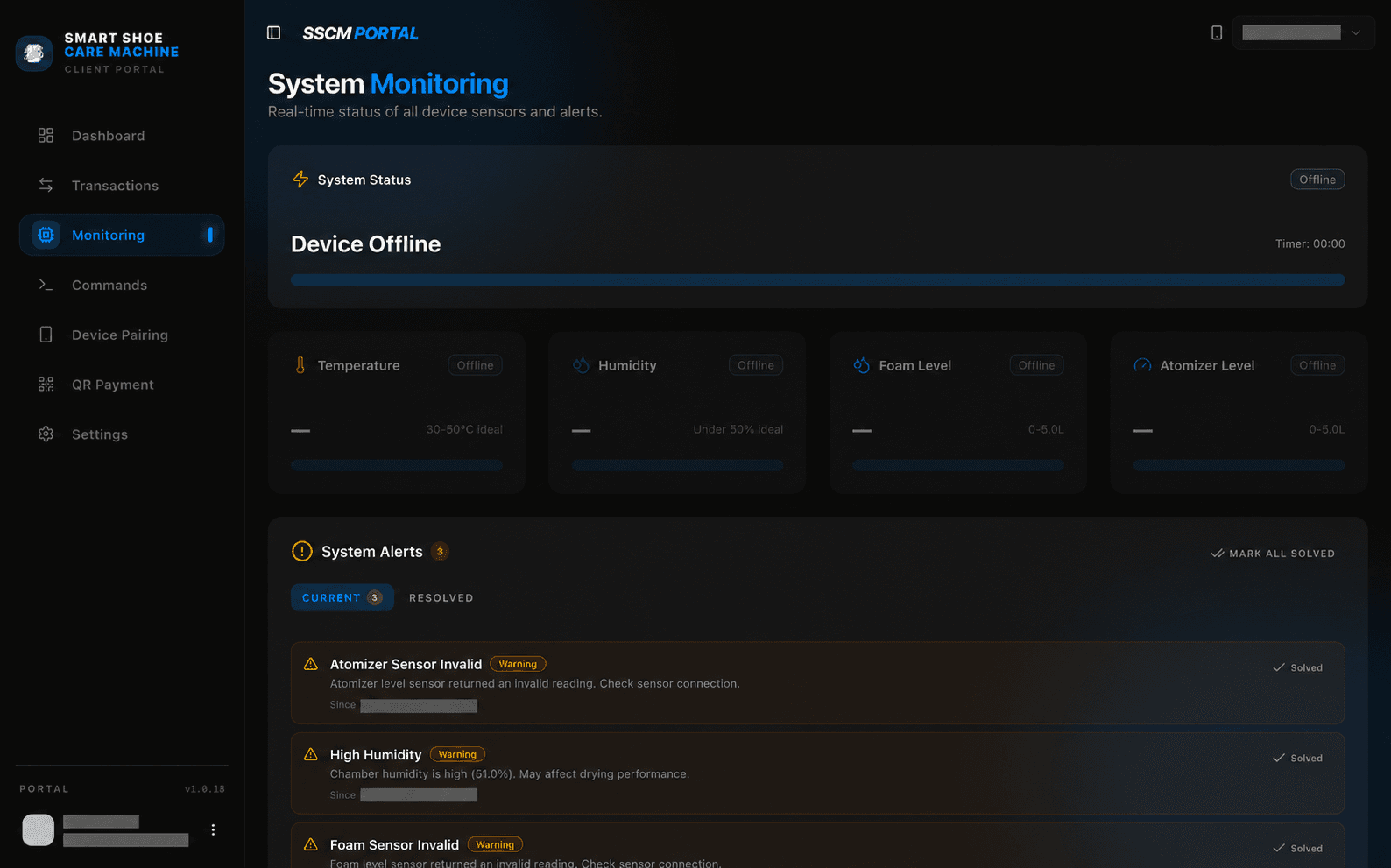 Smart Shoe Care system monitoring, with sensitive details redacted
