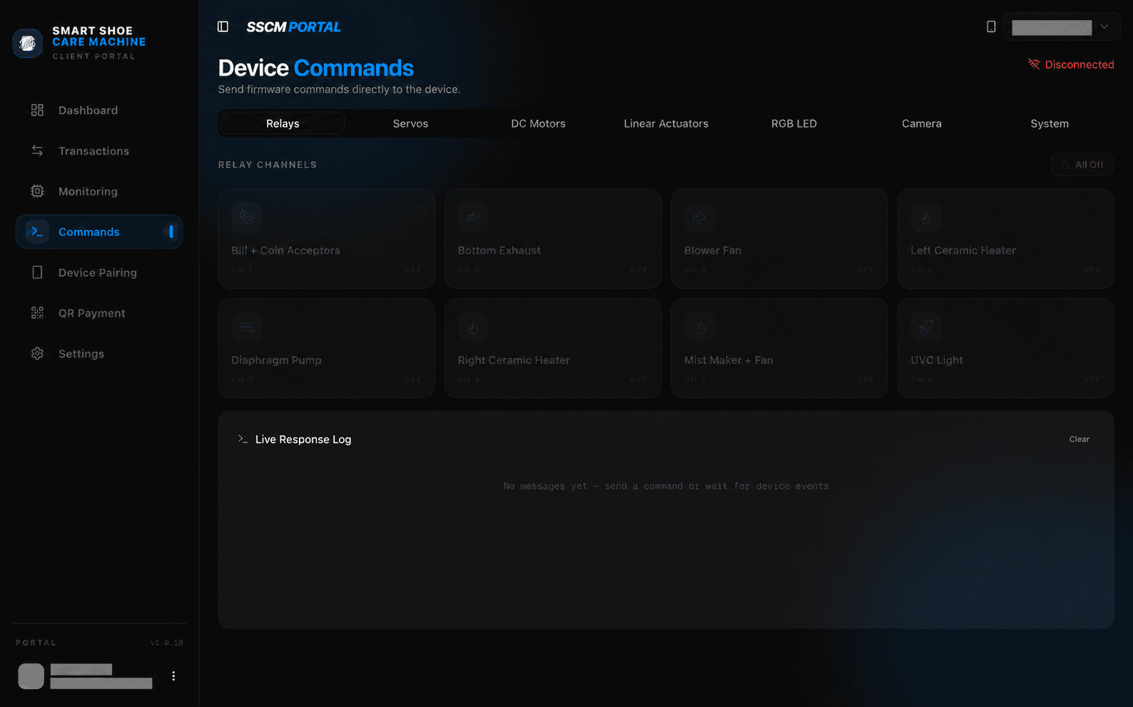Smart Shoe Care relay commands, with sensitive details redacted