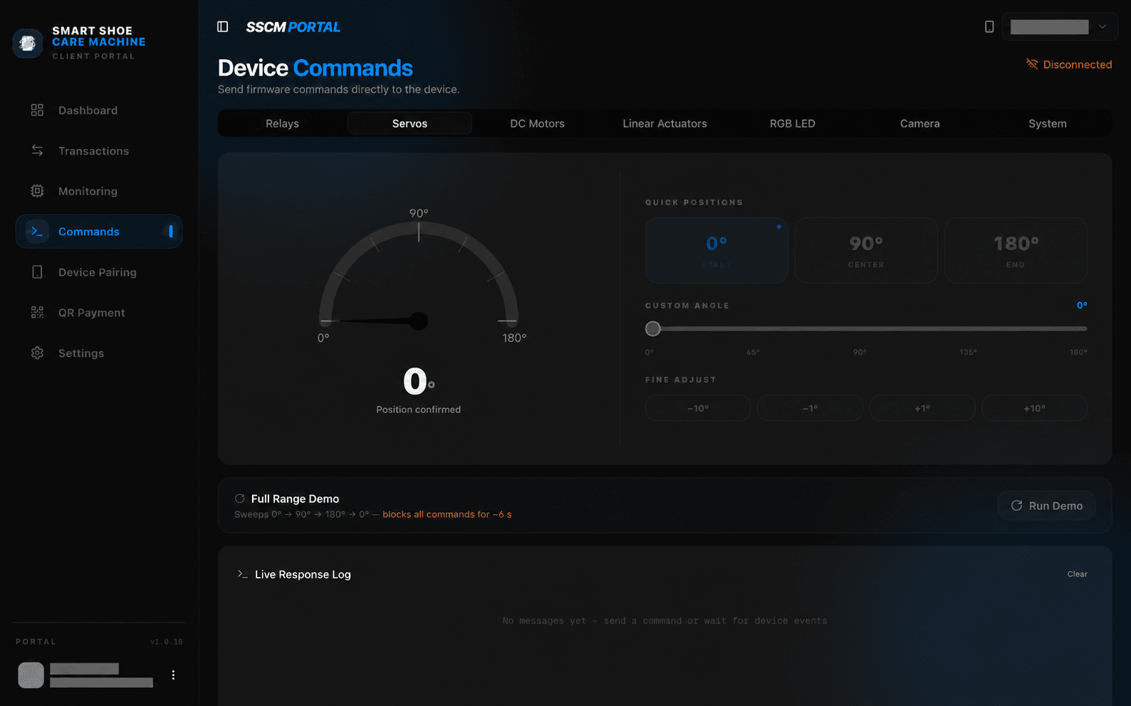 Smart Shoe Care servo controls, with sensitive details redacted