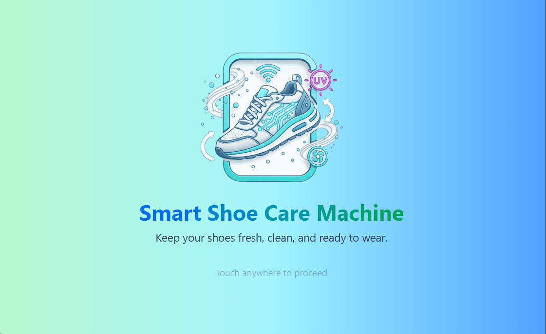 Smart Shoe Care kiosk welcome screen with touch-to-start prompt