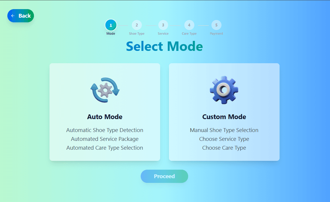 Smart Shoe Care kiosk interface, screen 2