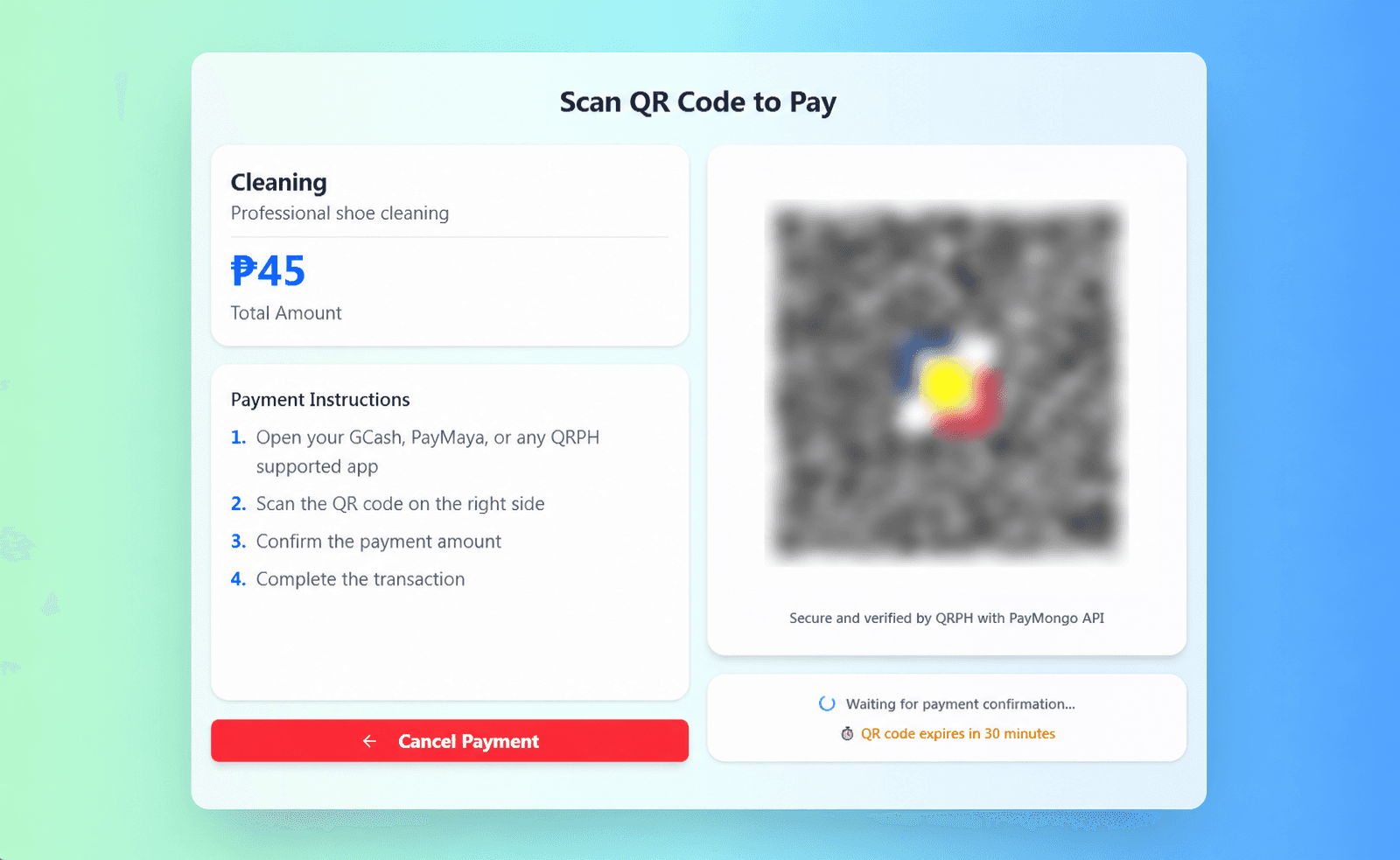 Smart Shoe Care kiosk payment screen with the QR code blurred