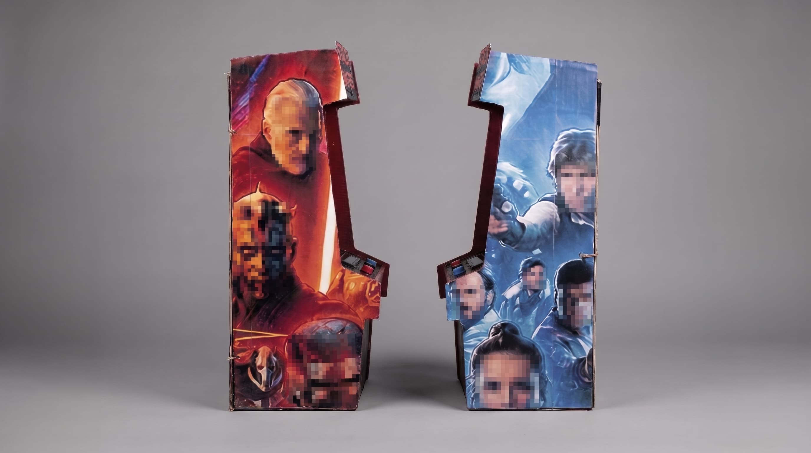 Red and blue side panels of the Stackwars cabinet, with faces in the artwork blurred